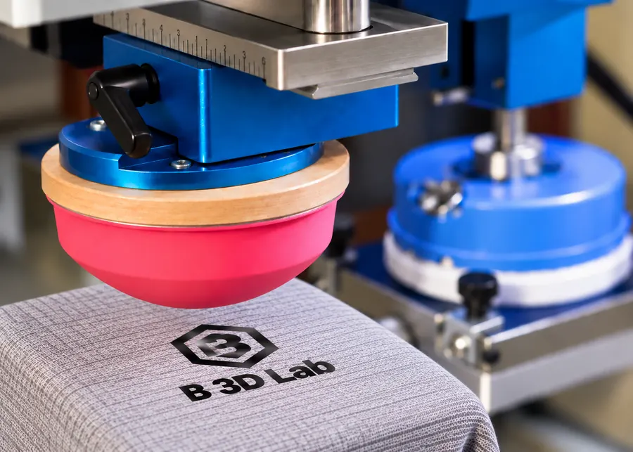 Cabezal de tampografía con tampón de silicona rojo imprimiendo el logotipo de B3D Lab sobre un tejido gris.
