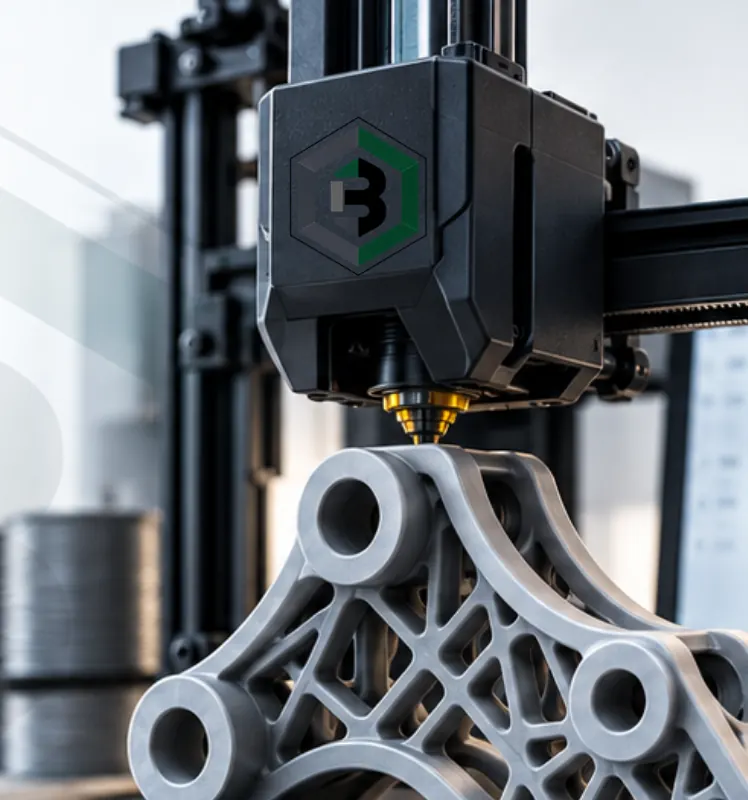 Impresora 3D depositando material sobre un soporte de geometría aligerada, con el modelo de esa misma pieza en la pantalla del fondo.