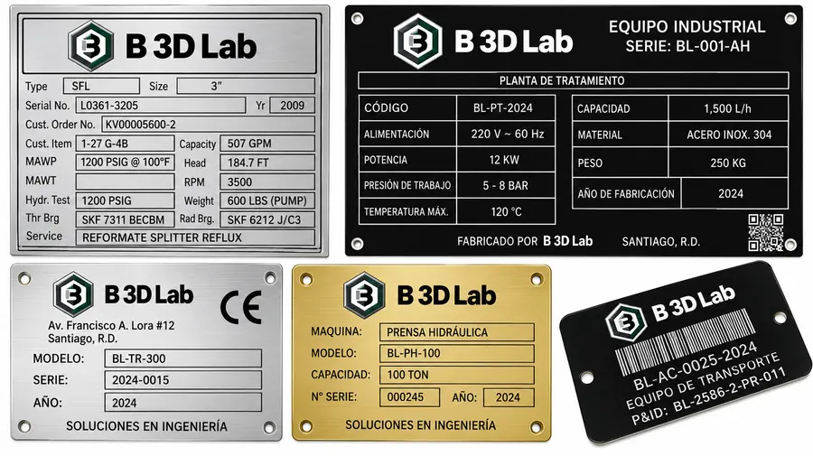 Cinco placas de identificación industrial en acero inoxidable, latón y aluminio anodizado, grabadas con datos técnicos, código QR y código de barras.