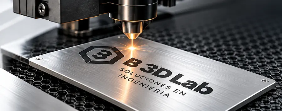 Cabezal láser grabando el logotipo de B3D Lab sobre una placa de acero inoxidable.